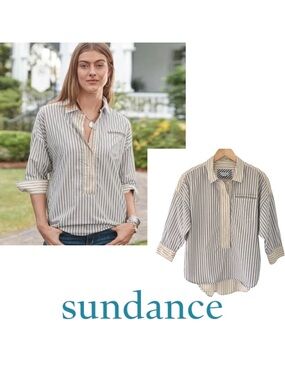 Sundance Shelby Pullover Shirt Multicolor Stripe 100% Cotton Poplin  | M